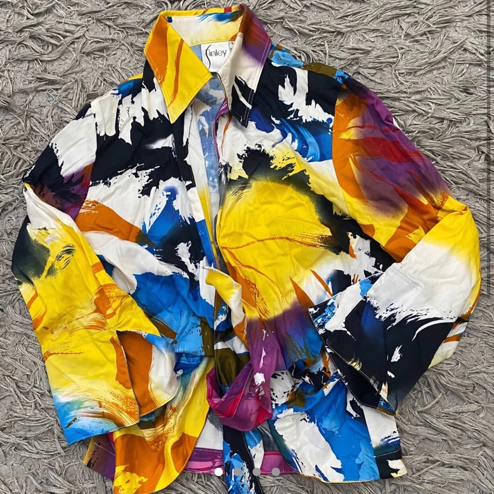 Finley Lacey Sleeve Multi color Medallion Tie Front Blouse.